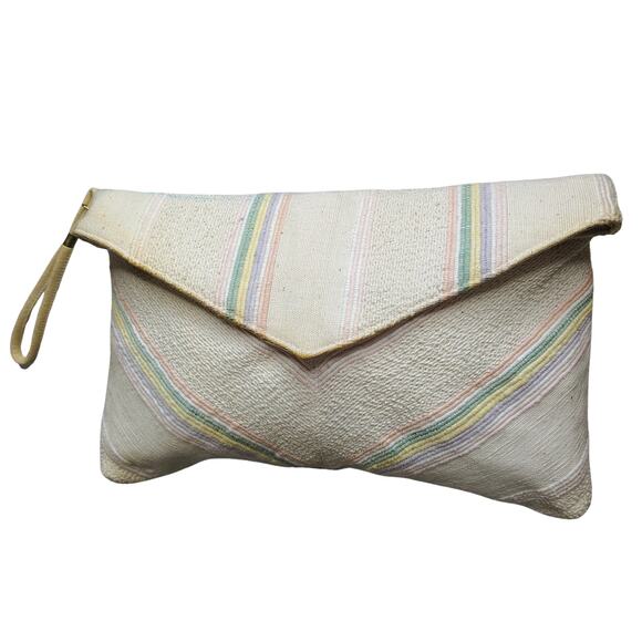 1970s Woven Fold Down Woven Textured Maxi Clutch Wristlet Rainbow Pastel Colors - Picture 1 of 8